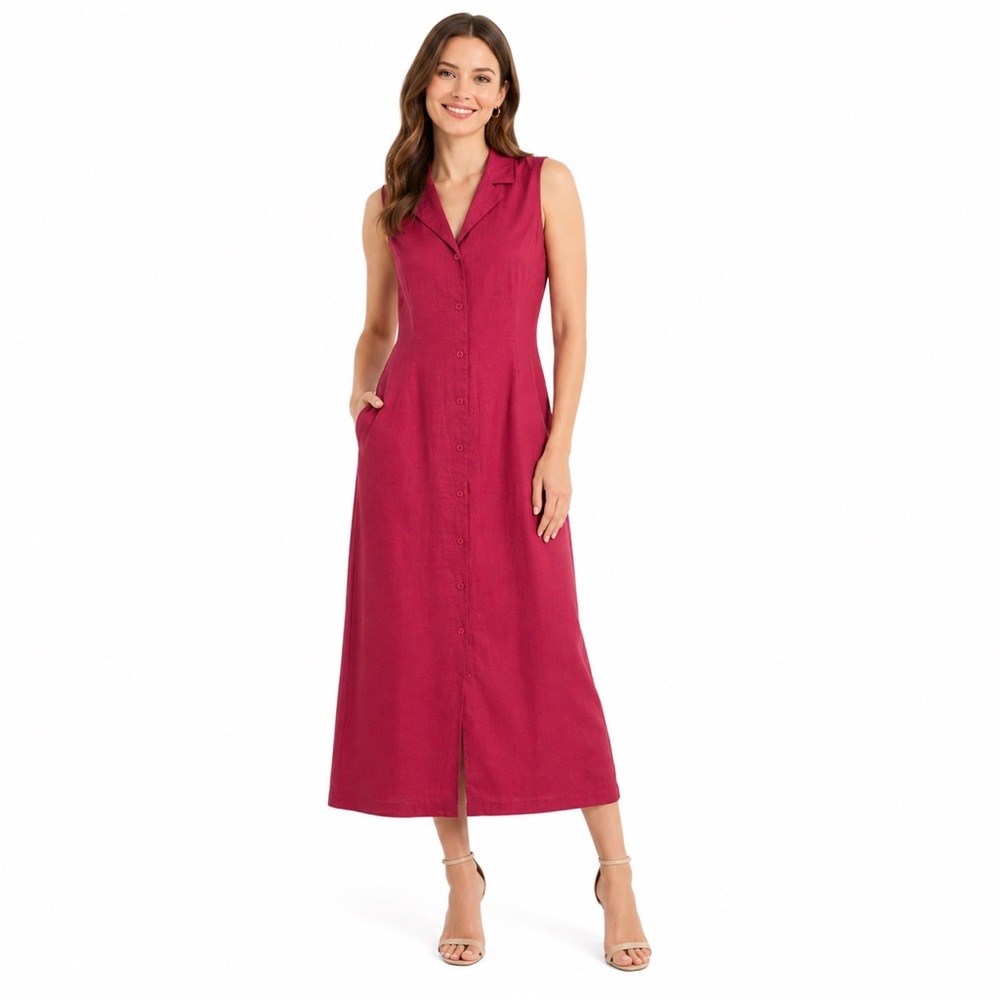 90s Y2K 100% Linen Maxi Dress Size 8 Petite Red Shirt Dress Sleeveless Coastal